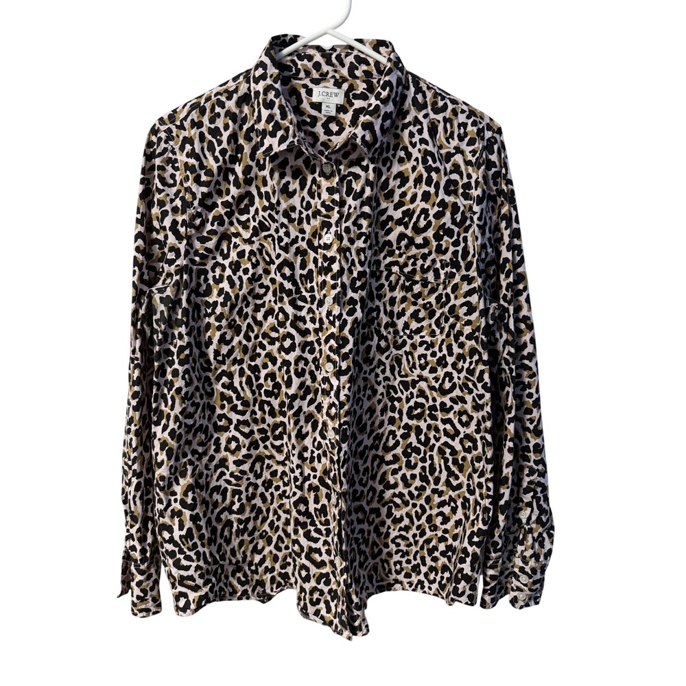 J.Crew Leopard Print Shirt Womens XL Tan Black Cotton